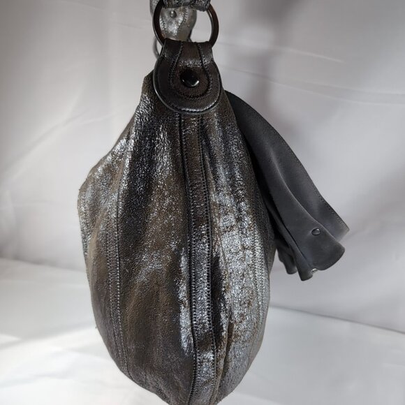 7 For All Mankind Leather Purse Shoulder Bag Silver Distressed Studded Hobo Flap - Picture 6 of 16